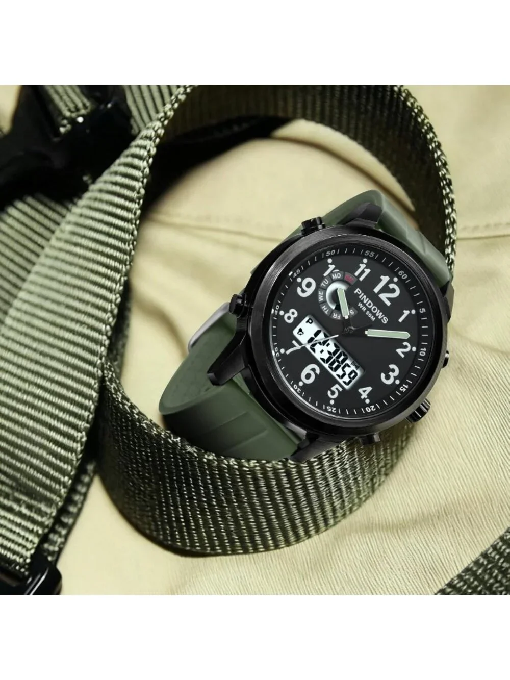 Men's Black Green Analog Waterproof Military Multifunctional LED Digital Watch